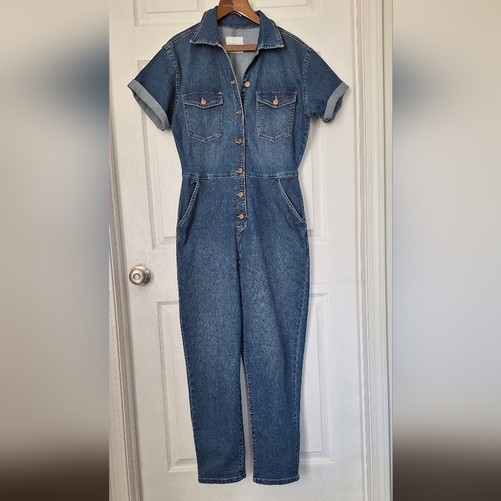 Celebrity Pink Denim Jumpsuit Size Medium Short Sleeve Button Front